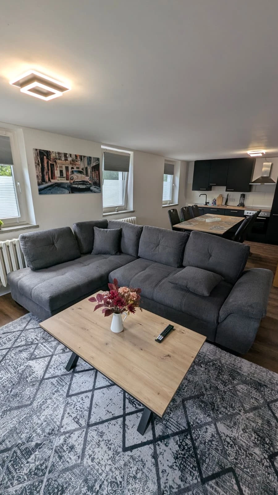Wohnbereich der Ferienwohnung mit Sofa und offener Küche